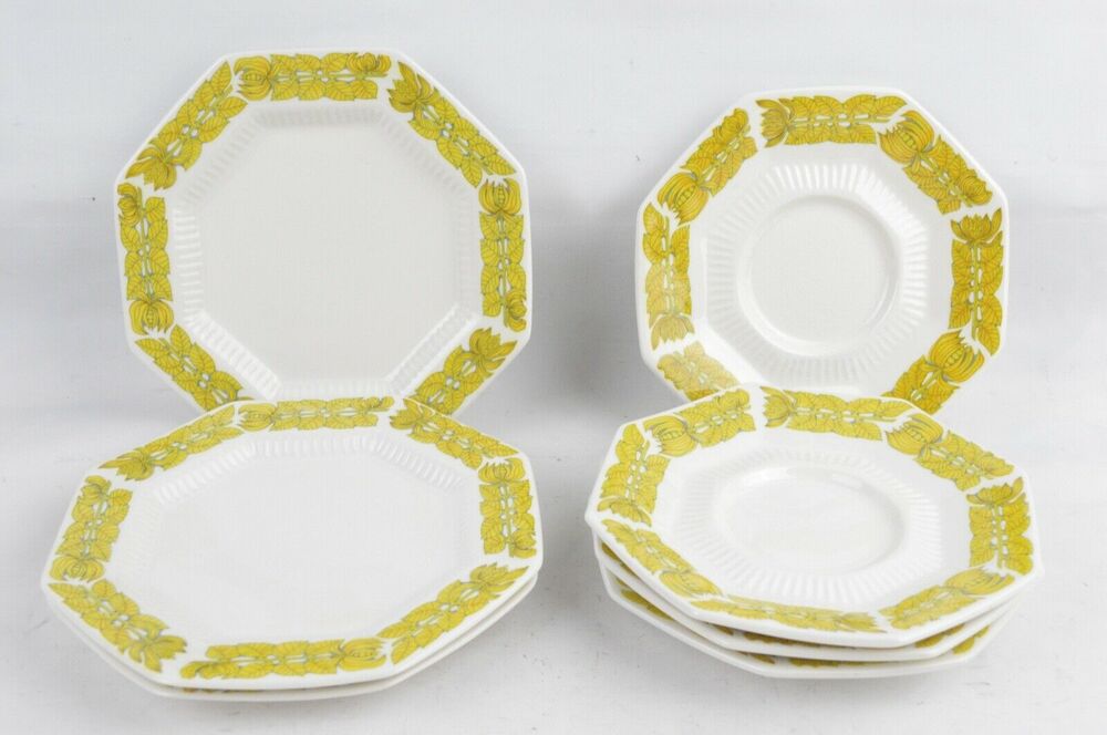 Independence Ironstone Interpace Yellow Bouquet Saucers Plates Set 7pc